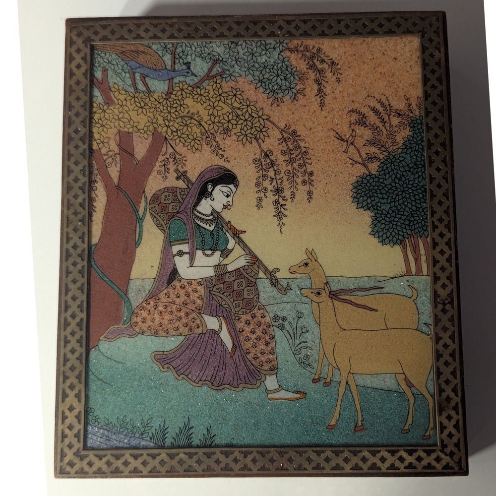 Vtg Ragini Todi Wooden Jewelry Box Brown Indian Sand Art Inlay Brass Trim Small